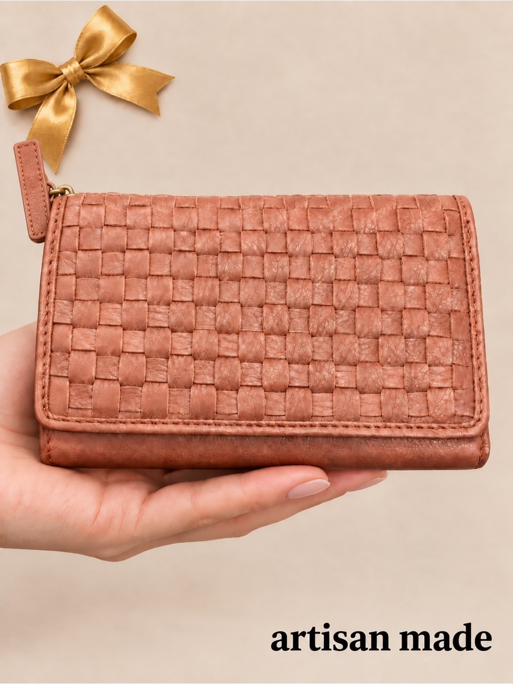 Genuine Leather Woven Trifold Wallet Clutch Brown
